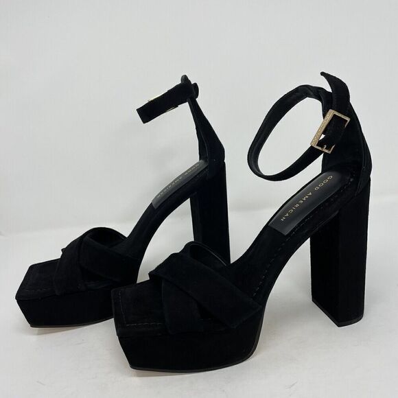 GOOD AMERICAN Description Platform Sandal Womens 9 Black Suede Heels NEW Ankle - Picture 2 of 11